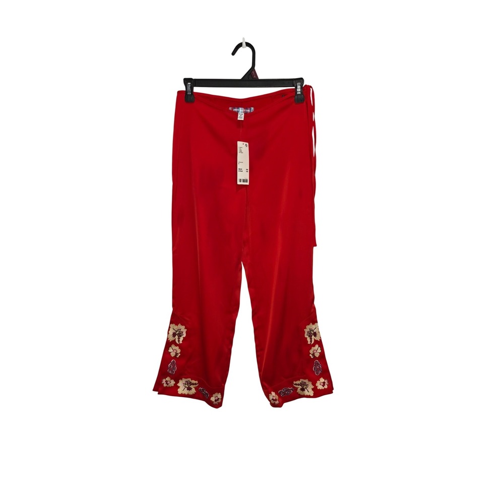 Urban Outfitters Red Embroidered Satin Flare Pants NWT Size 0 Boho Trousers